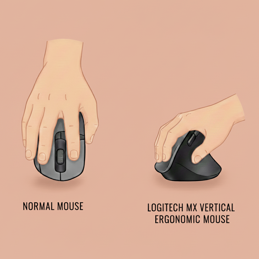 Side-by-side comparison showing hand position on normal mouse vs vertical mouse: Logitech MX Vertical ergonomic mouse demonstrating wrist angle differences