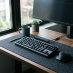 Desktop workstation with mechanical keyboard, monitor displaying code, coffee mug, and plant