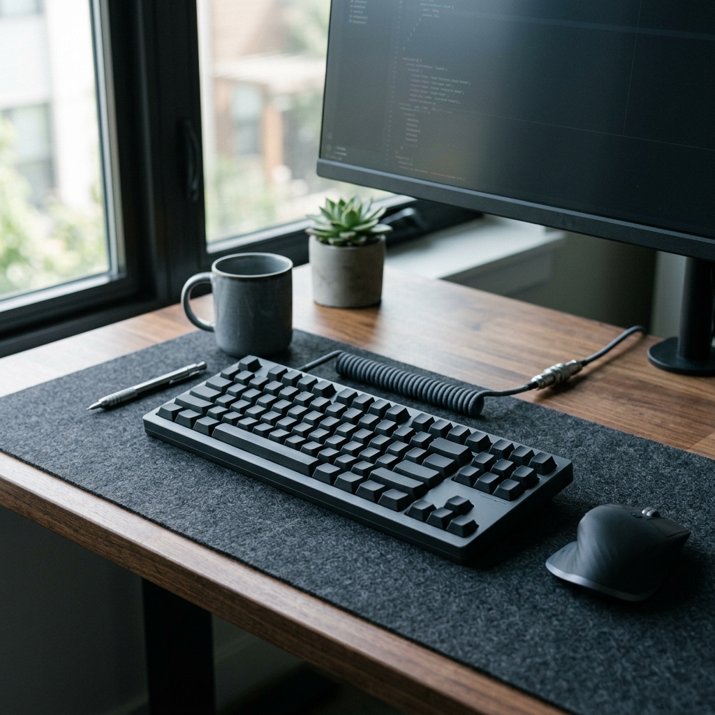 Desktop workstation with mechanical keyboard, monitor displaying code, coffee mug, and plant
