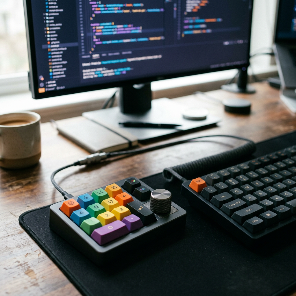 Colorful macro pad and keyboard beside a monitor displaying code